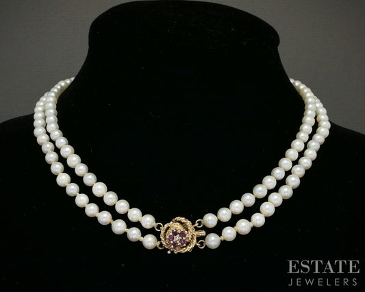 14k Yellow Gold Ruby & Diamond 5mm Pearl Double Strand Necklace 16"L p20726