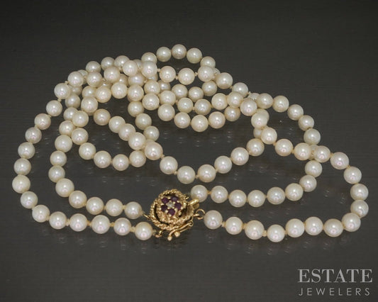 14k Yellow Gold Ruby & Diamond 5mm Pearl Double Strand Necklace 16"L p20726