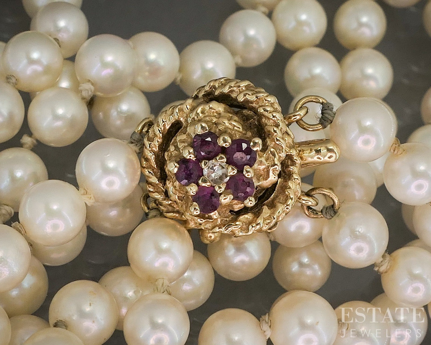 14k Yellow Gold Ruby & Diamond 5mm Pearl Double Strand Necklace 16"L p20726