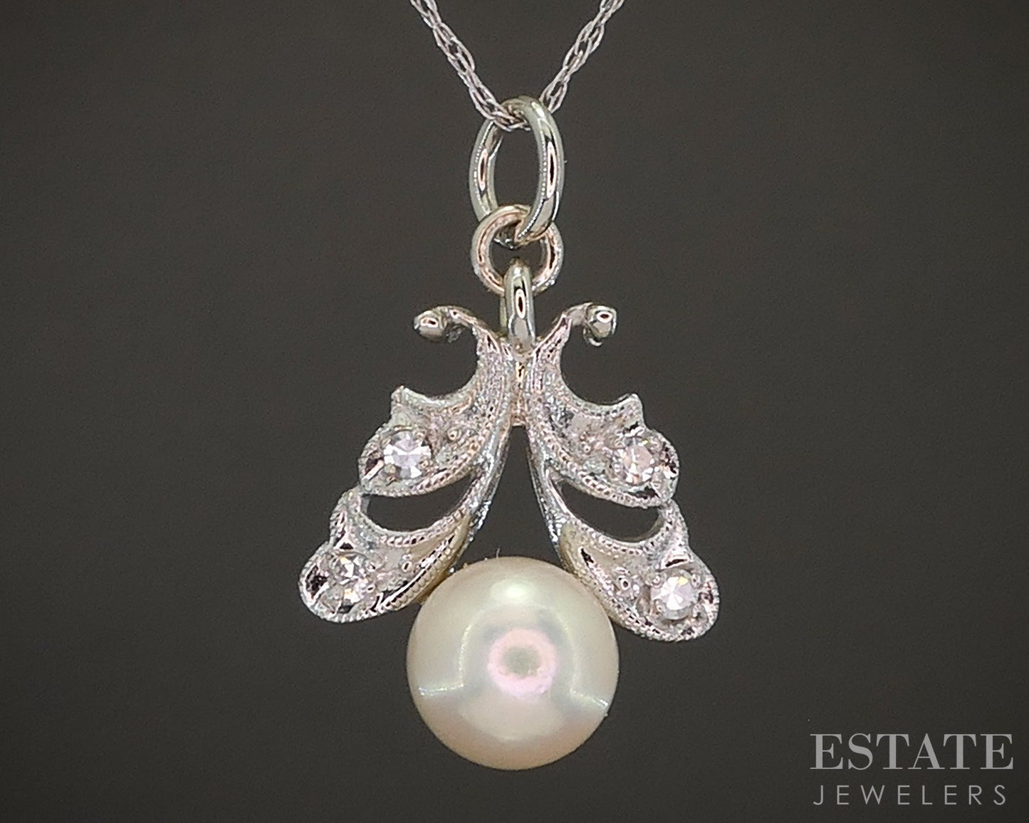 Vintage 10k White Gold Cultured Pearl & Diamond Ladies Necklace 1.8g 18"L p20716