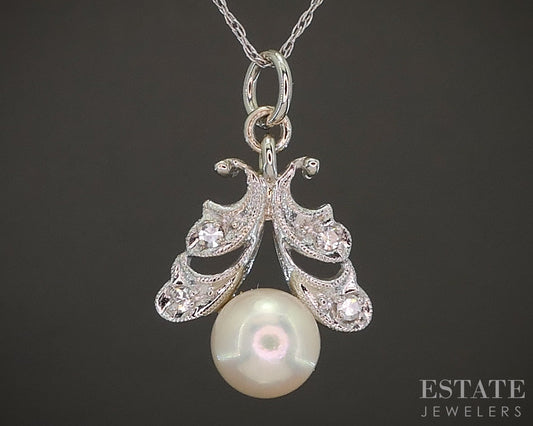 Vintage 10k White Gold Cultured Pearl & Diamond Ladies Necklace 1.8g 18"L p20716