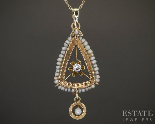 Antique 10k Yellow Gold Diamond & Seed Pearl Lavalier Necklace 1.7g p20699