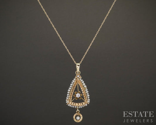 Antique 10k Yellow Gold Diamond & Seed Pearl Lavalier Necklace 1.7g p20699