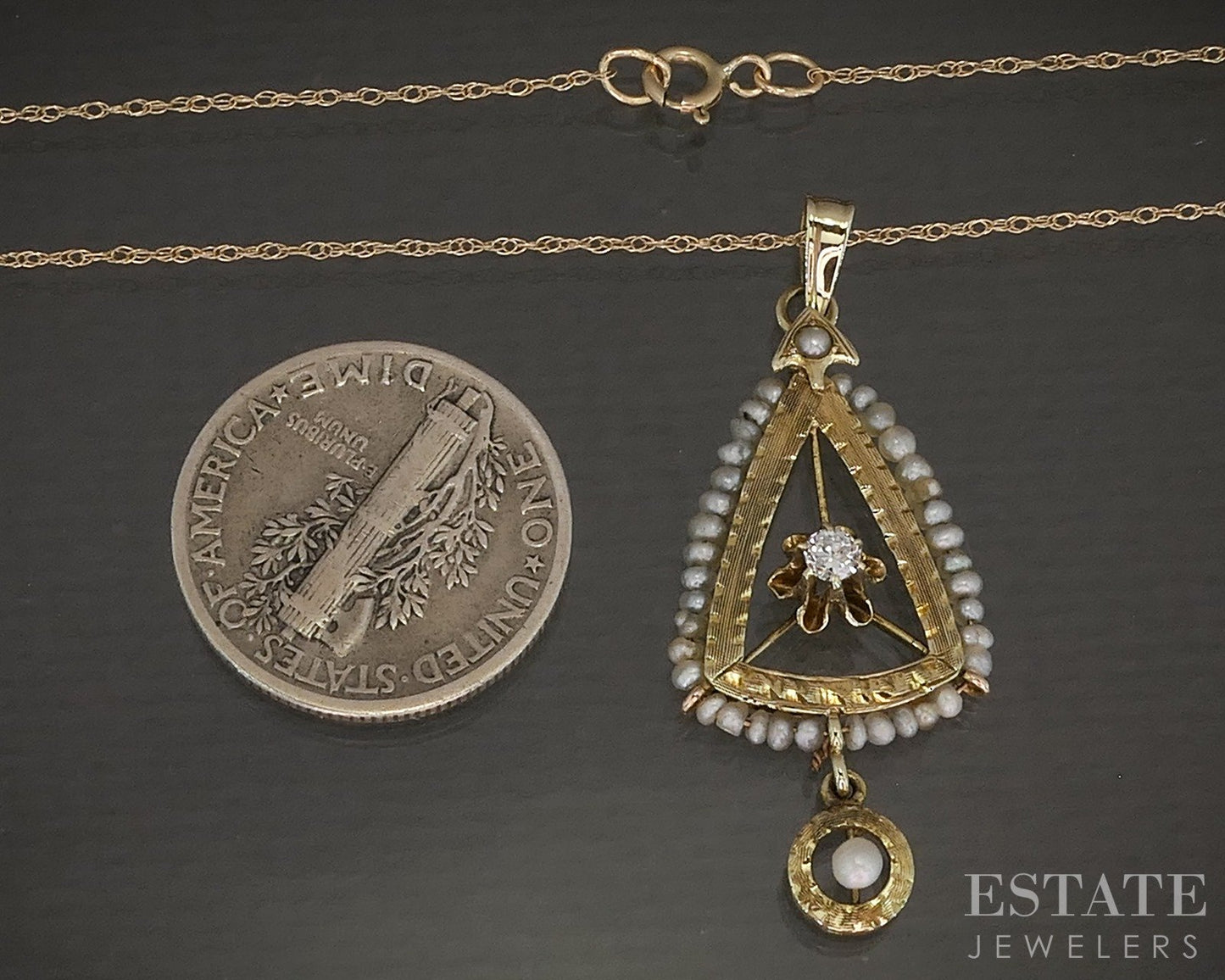 Antique 10k Yellow Gold Diamond & Seed Pearl Lavalier Necklace 1.7g p20699
