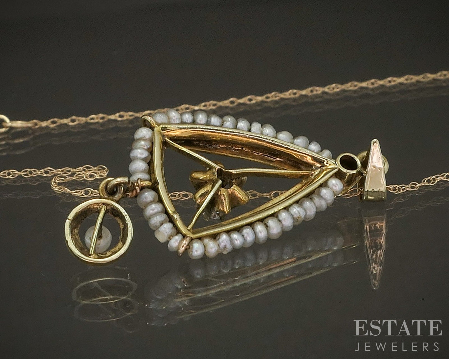Antique 10k Yellow Gold Diamond & Seed Pearl Lavalier Necklace 1.7g p20699