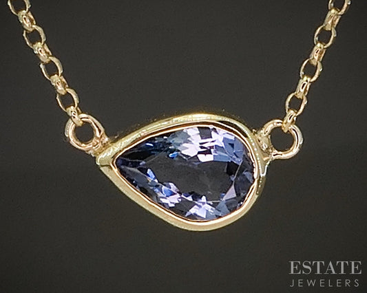 18k Yellow Gold Pear Natural .70ct Tanzanite Solitaire Necklace 2.5g 18"L p20666