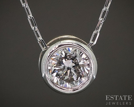 18k White Gold Round Natural .30ct Diamond Bezel Solitaire Necklace 1.9g p20751
