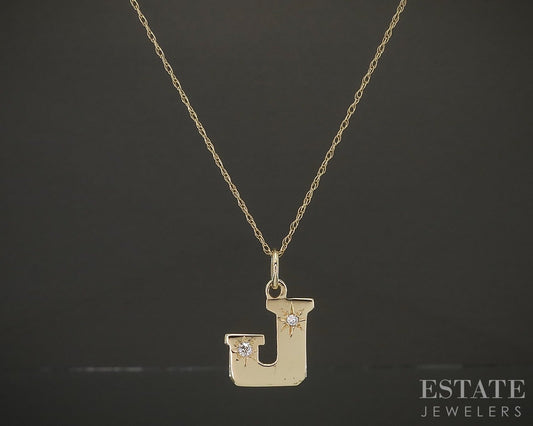 Vintage 14k Yellow Gold Natural Diamond Letter J Necklace 2.1g 18"L p20667