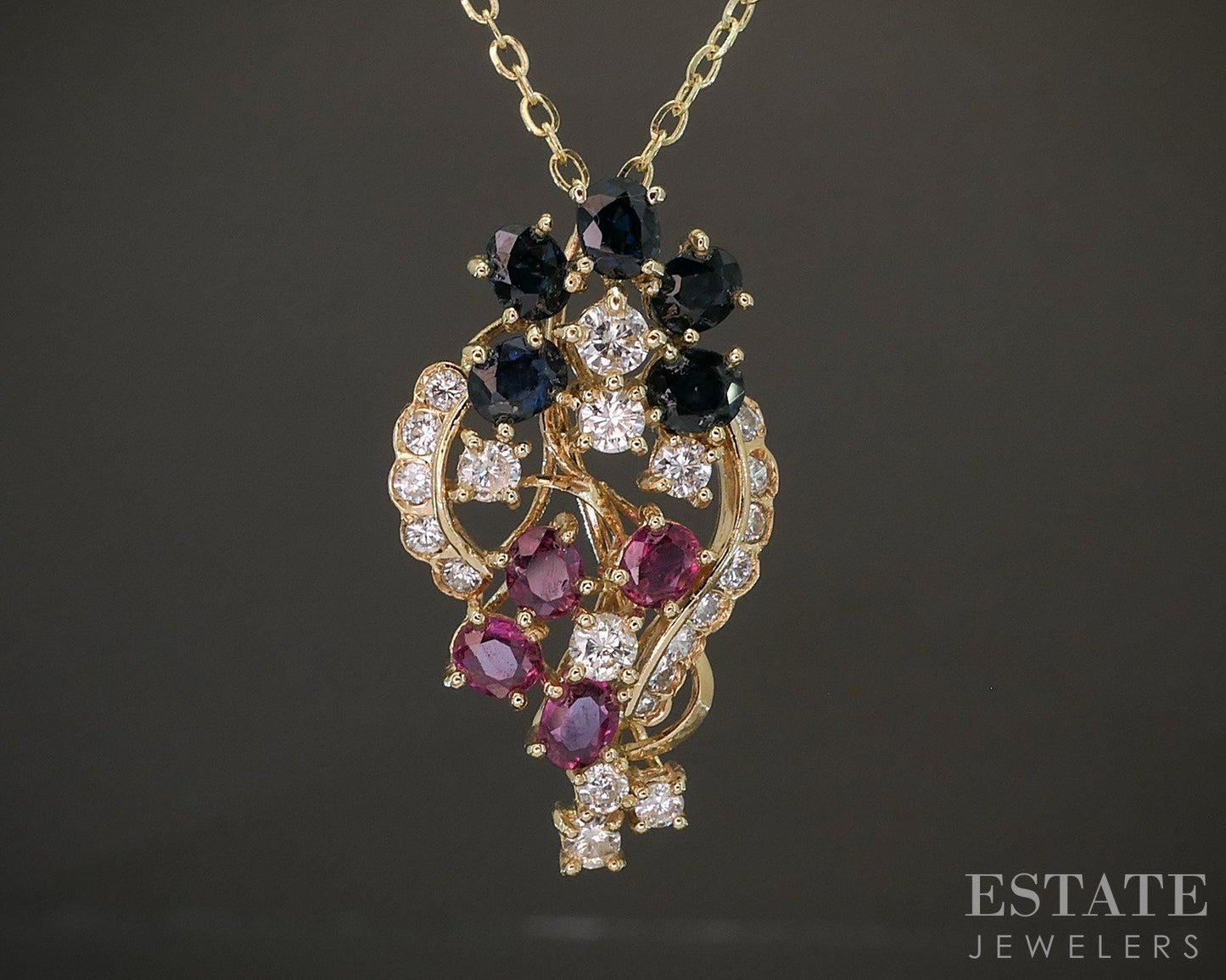 14k Yellow Gold Natural Blue Sapphire Ruby & Diamond Necklace 4.7g 18"L p16293