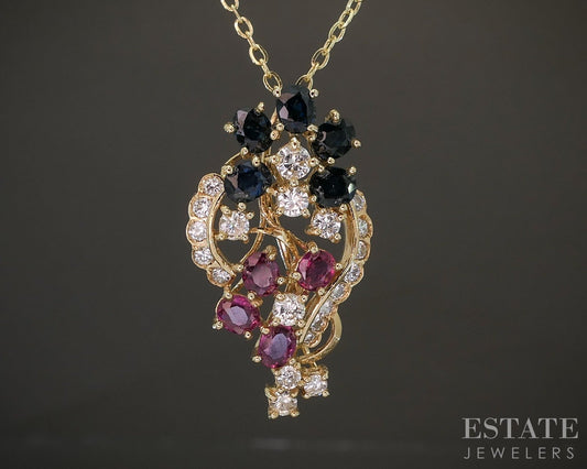 14k Yellow Gold Natural Blue Sapphire Ruby & Diamond Necklace 4.7g 18"L p16293