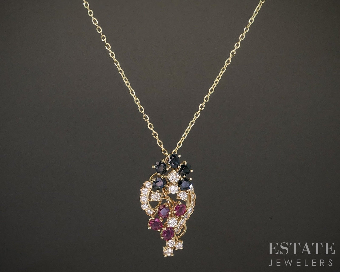 14k Yellow Gold Natural Blue Sapphire Ruby & Diamond Necklace 4.7g 18"L p16293