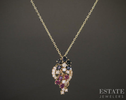 14k Yellow Gold Natural Blue Sapphire Ruby & Diamond Necklace 4.7g 18"L p16293
