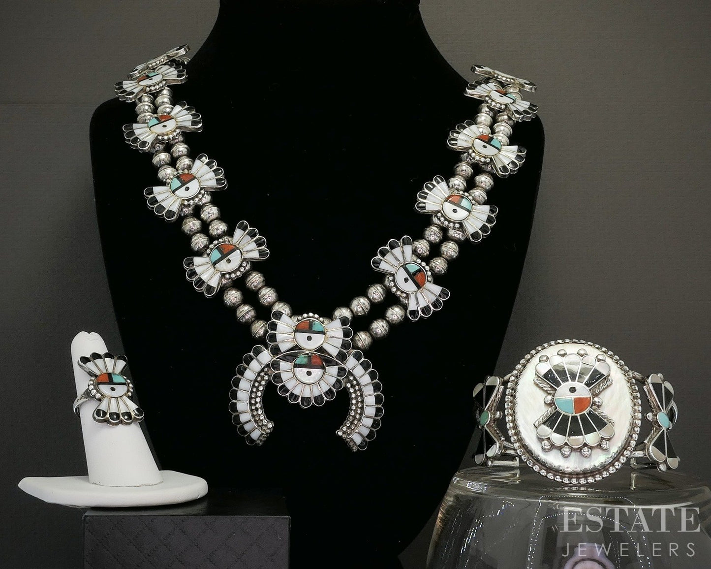 Vintage Sterling Multi Gem Zuni Leagus & Caroline Ahiyite Jewelry Set p21100