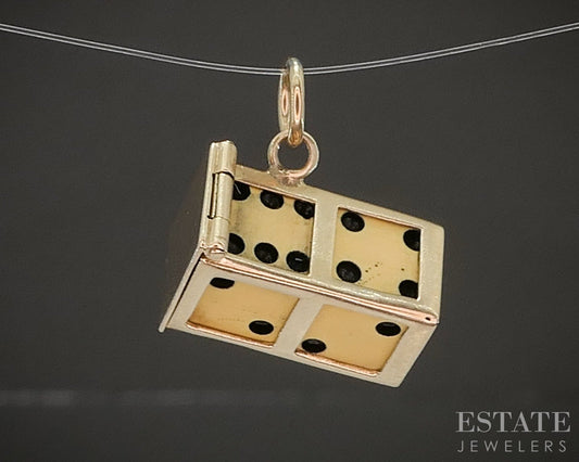 Vintage 14k Yellow Gold Enameled Dice in Frame Charm 1.9g p20055