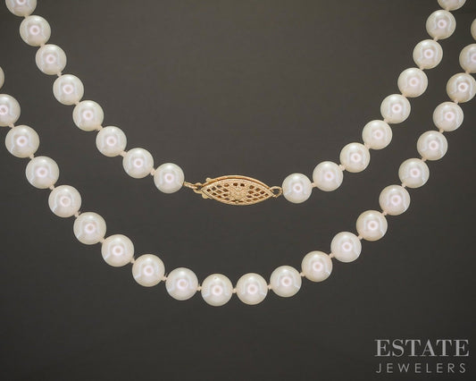Vintage 14k Yellow Gold 5.5mm Cultured Akoya Pearl Necklace 24"L p20291