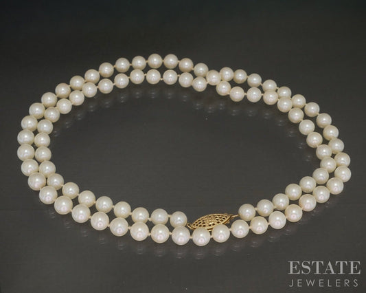 Vintage 14k Yellow Gold 5.5mm Cultured Akoya Pearl Necklace 24"L p20291