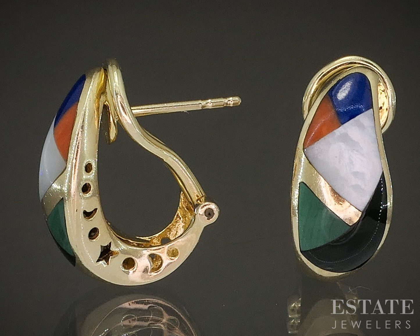 14k Yellow Gold Asch Grossbardt Multi Gem J-Hoop Earrings 6.2g p21049