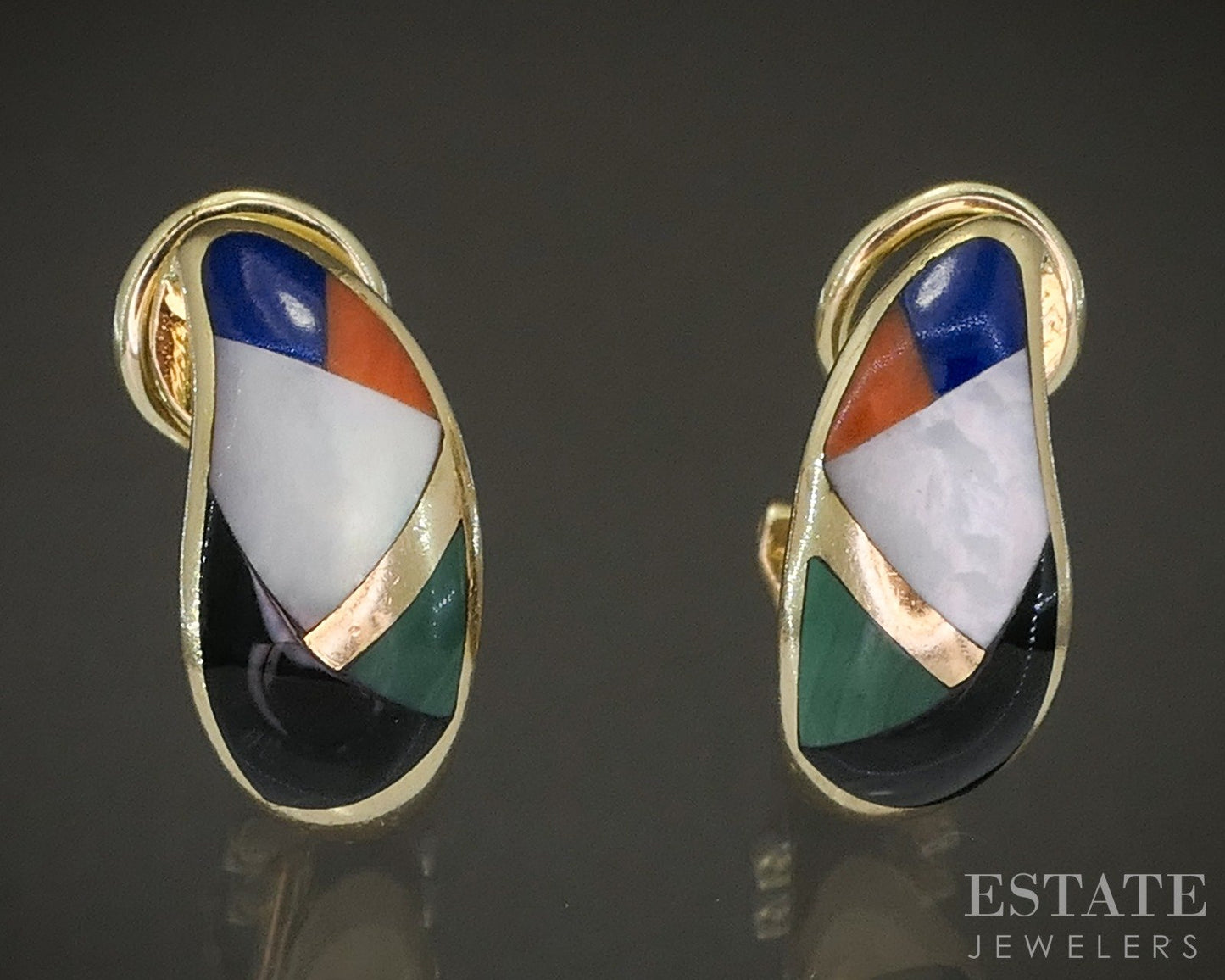 14k Yellow Gold Asch Grossbardt Multi Gem J-Hoop Earrings 6.2g p21049