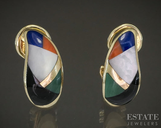 14k Yellow Gold Asch Grossbardt Multi Gem J-Hoop Earrings 6.2g p21049