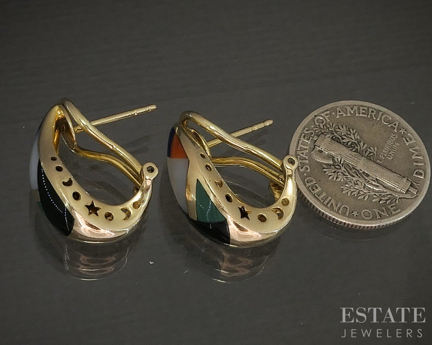 14k Yellow Gold Asch Grossbardt Multi Gem J-Hoop Earrings 6.2g p21049