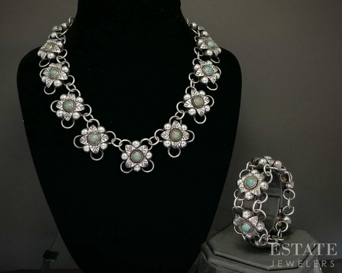 Vintage 980 Silver Natural Turquoise Flower Necklace & Bracelet Set 182g p20426