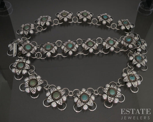 Vintage 980 Silver Natural Turquoise Flower Necklace & Bracelet Set 182g p20426