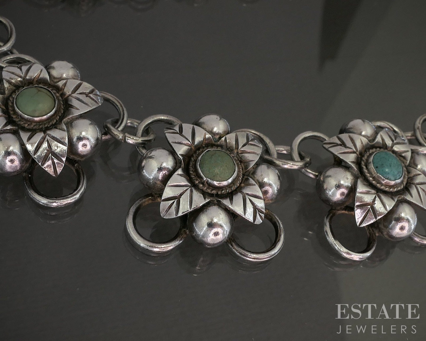 Vintage 980 Silver Natural Turquoise Flower Necklace & Bracelet Set 182g p20426