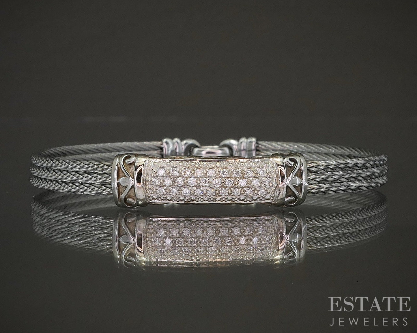 18k White Gold & Steel Alor Natural .14ctw Diamond Bangle Bracelet p21679b