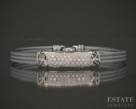 18k White Gold & Steel Alor Natural .14ctw Diamond Bangle Bracelet p21679b