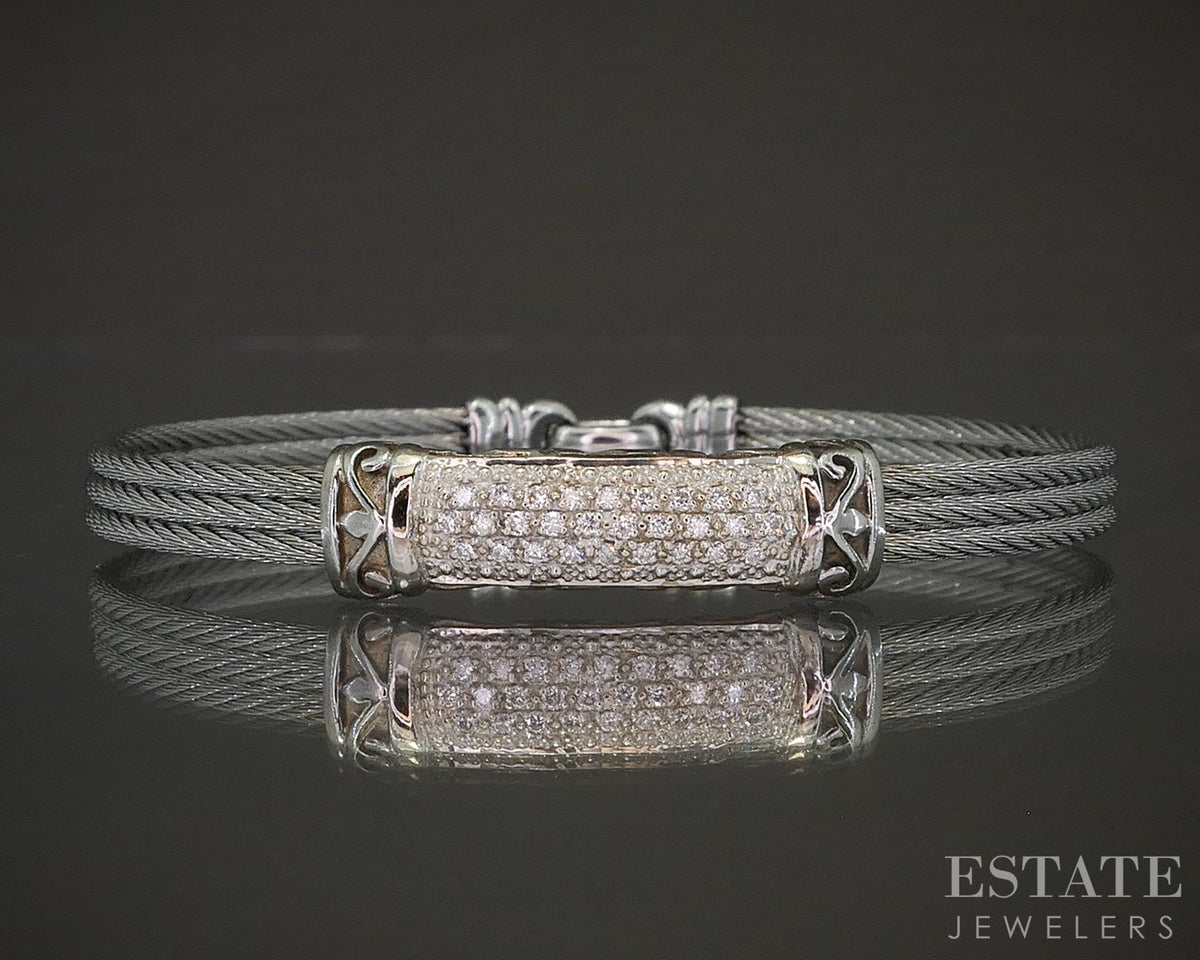 18k White Gold & Steel Alor Natural .14ctw Diamond Bangle Bracelet p21679b