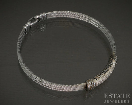 18k White Gold & Steel Alor Natural .14ctw Diamond Bangle Bracelet p21679b