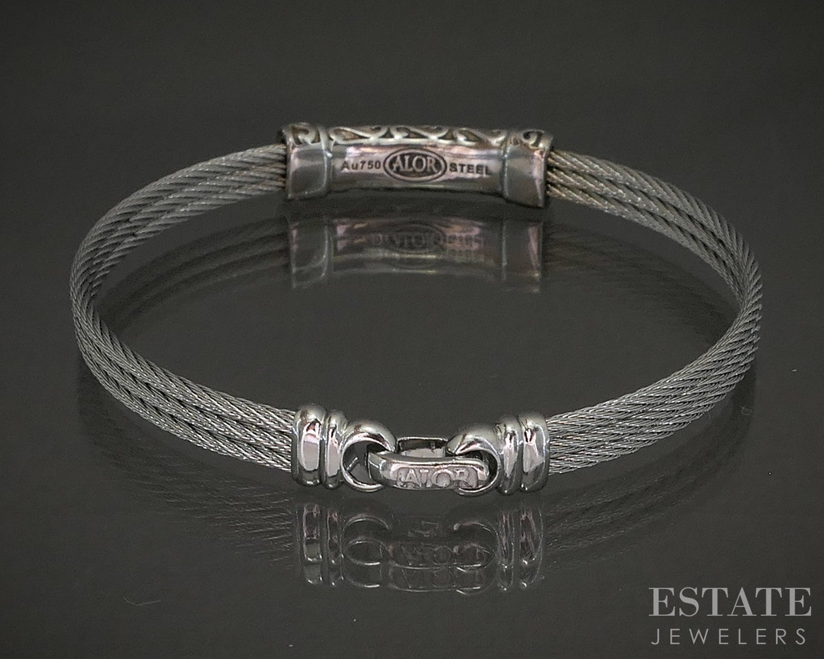 18k White Gold & Steel Alor Natural .14ctw Diamond Bangle Bracelet p21679b