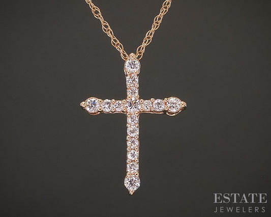 10k Rose Gold Natural .10ctw Diamond Cross Ladies Necklace 1g 18"L p19874b