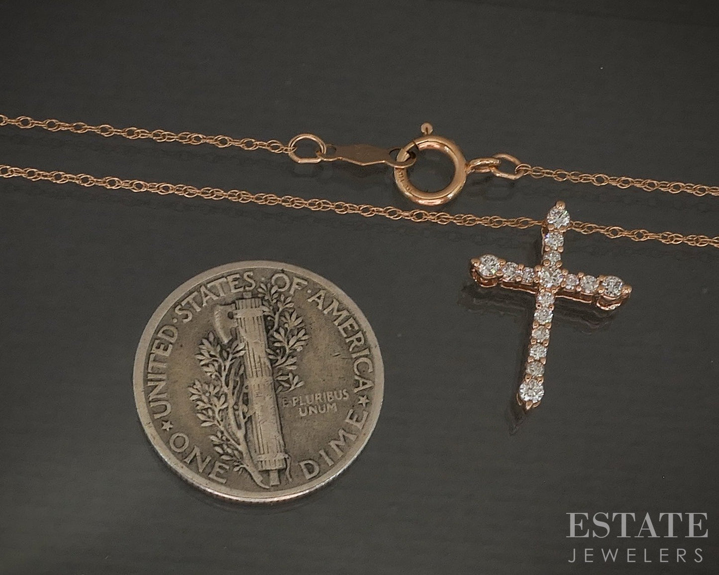 10k Rose Gold Natural .10ctw Diamond Cross Ladies Necklace 1g 18"L p19874b