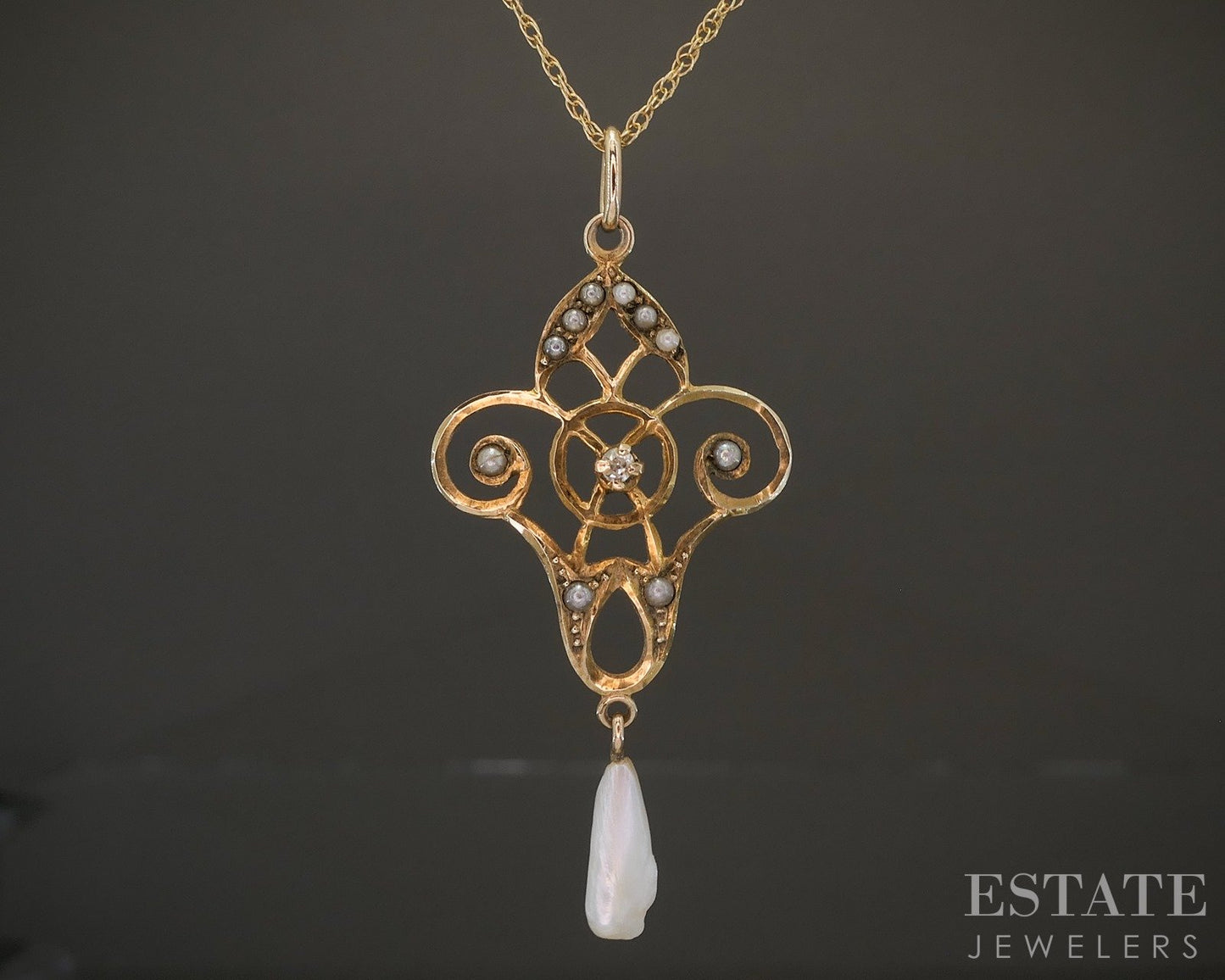 Antique 10k Yellow Gold Diamond & Seed Pearl Lavalier Necklace 1.8g p19369b
