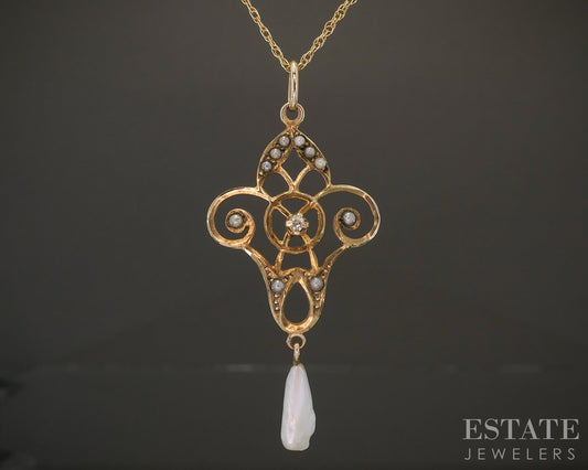 Antique 10k Yellow Gold Diamond & Seed Pearl Lavalier Necklace 1.8g p19369b