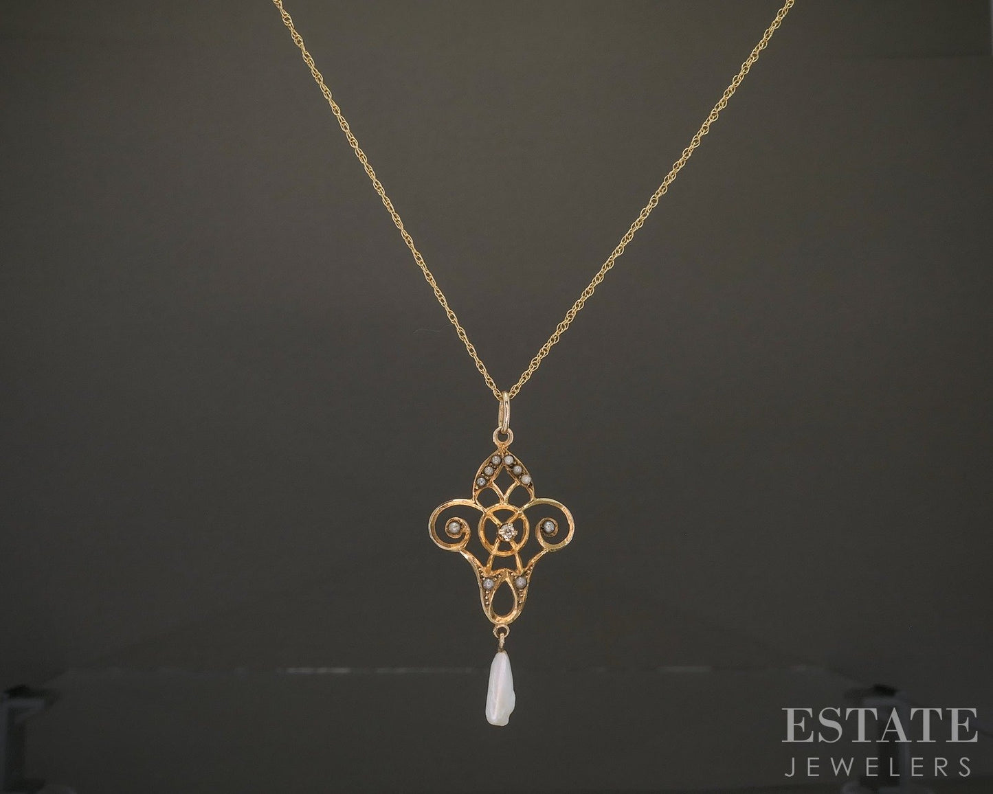 Antique 10k Yellow Gold Diamond & Seed Pearl Lavalier Necklace 1.8g p19369b
