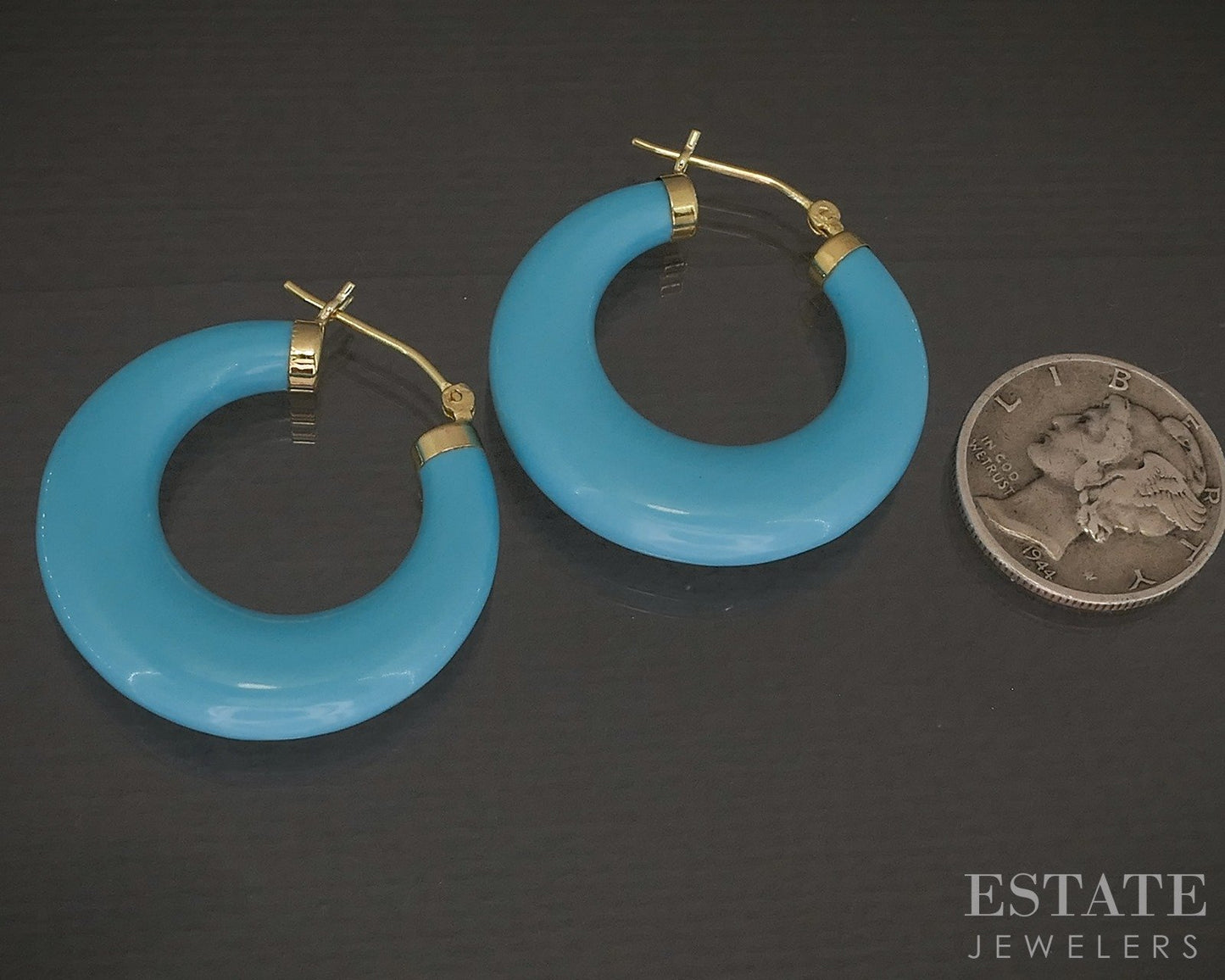 14k Yellow Gold Turquoise Hoop Ladies Earrings 8g p22044b