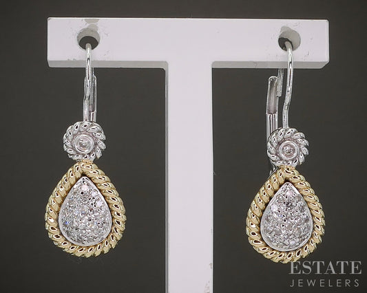 14k Two Tone Gold Natural .10ctw Diamond Tear Drop Dangle Earrings 4.4g p19466b