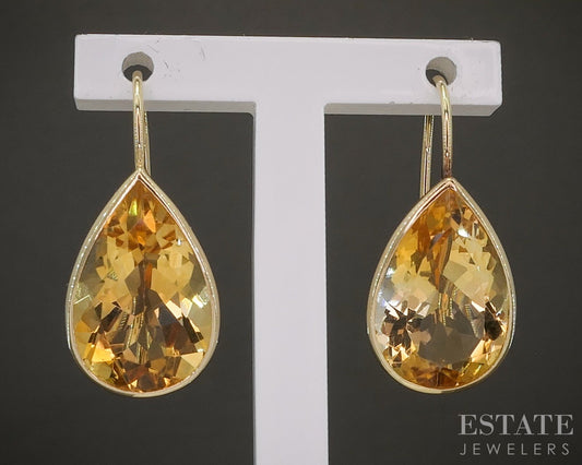 14k Yellow Gold Pear Natural Citrine Dangle Teardrop Earrings 2.7g p21638b