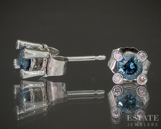 14k White Gold EFFY Natural Blue & White Diamond Stud Earrings 0.9g p20505b