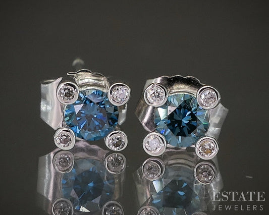 14k White Gold EFFY Natural Blue & White Diamond Stud Earrings 0.9g p20505b