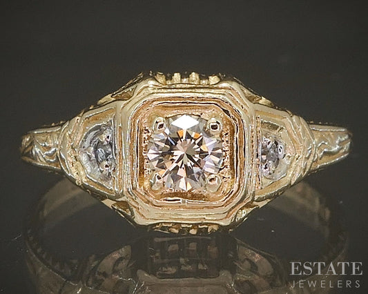 Antique 14k Yellow Gold Natural .12ctw Diamond Filigree Engagement Ring p21839b