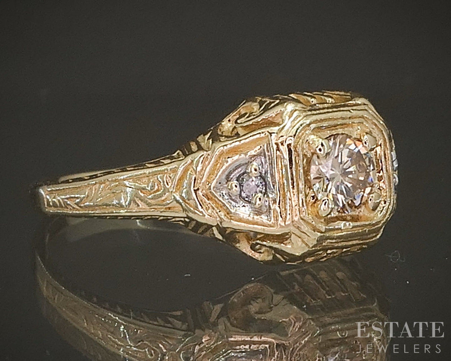 Antique 14k Yellow Gold Natural .12ctw Diamond Filigree Engagement Ring p21839b