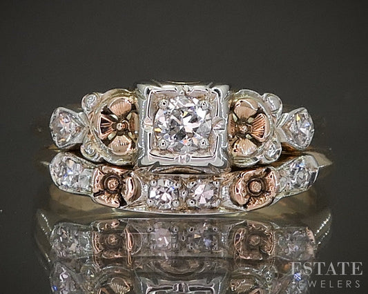 Antique 18k 14k Tri Colored Gold Natural .19ctw Diamond Wedding Set 3.5g p19116b