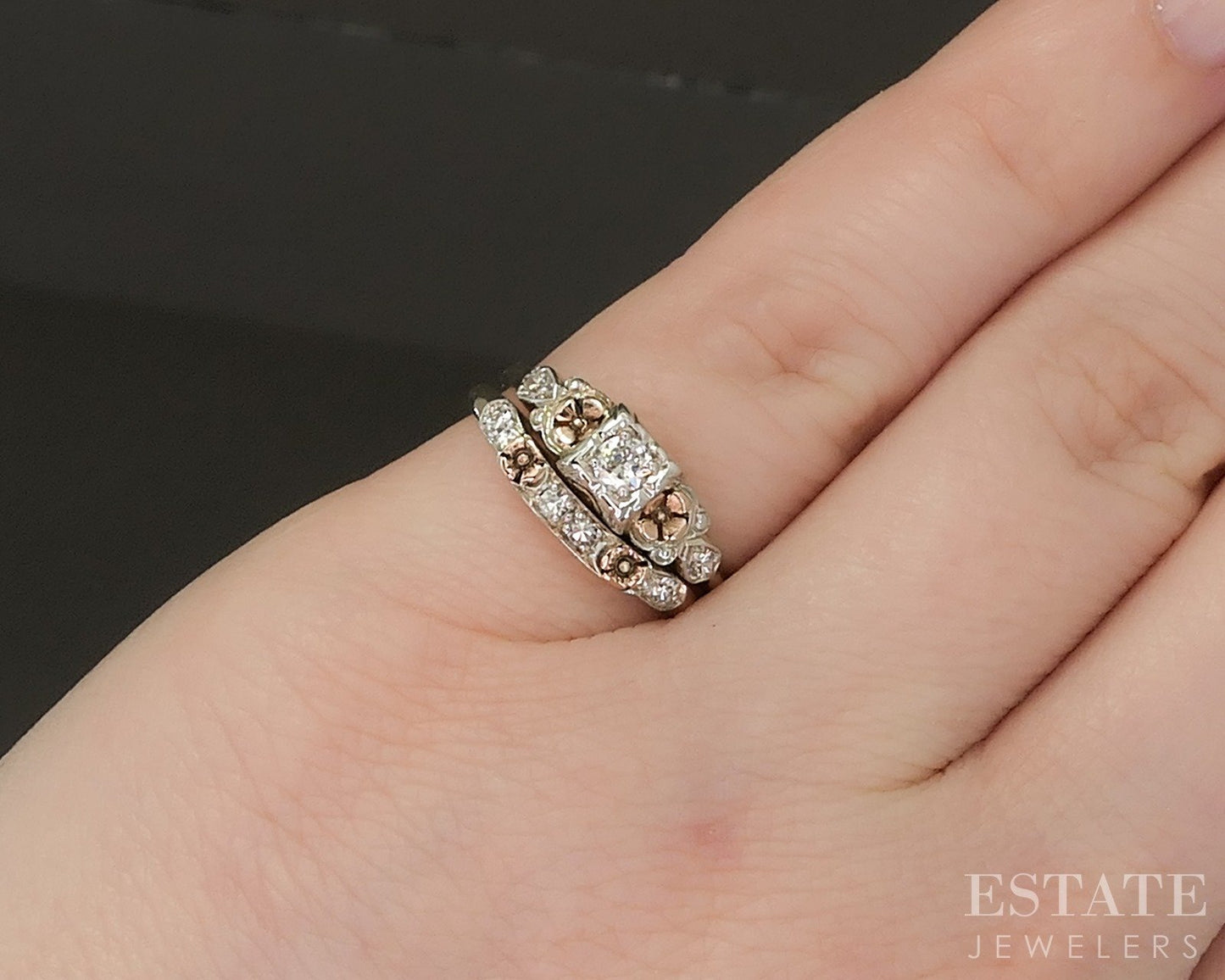 Antique 18k 14k Tri Colored Gold Natural .19ctw Diamond Wedding Set 3.5g p19116b