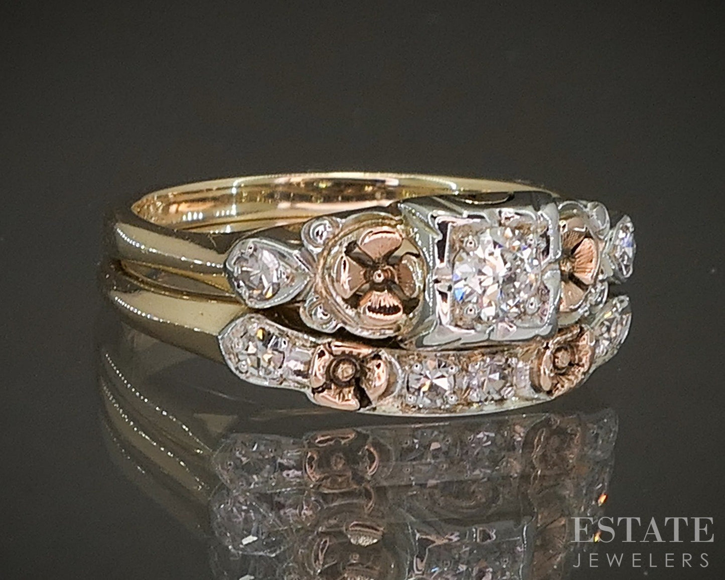Antique 18k 14k Tri Colored Gold Natural .19ctw Diamond Wedding Set 3.5g p19116b