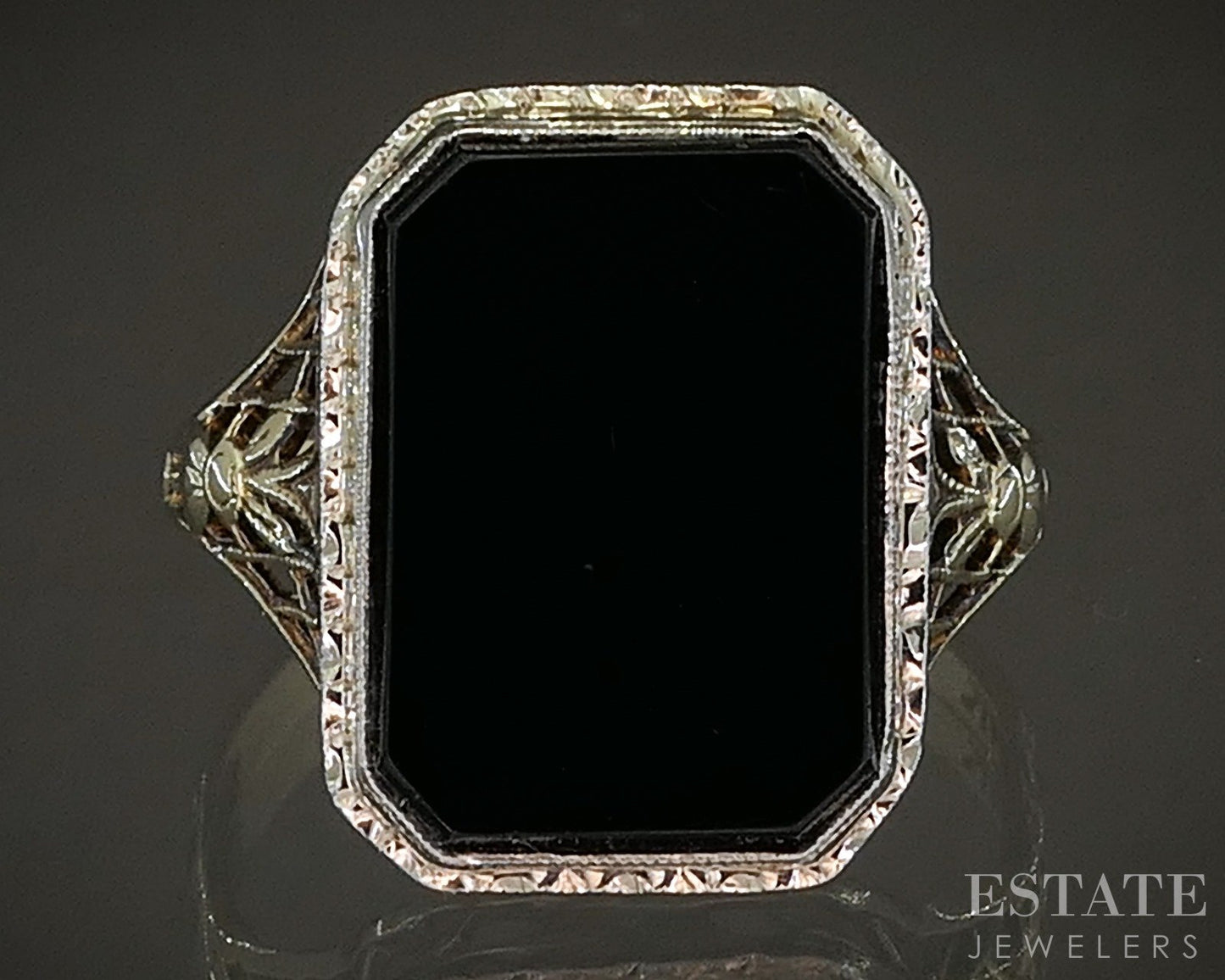 Antique 14k Yellow & White Gold Natural Black Onyx Filigree Ring 2.7g p21647b