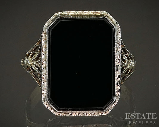 Antique 14k Yellow & White Gold Natural Black Onyx Filigree Ring 2.7g p21647b