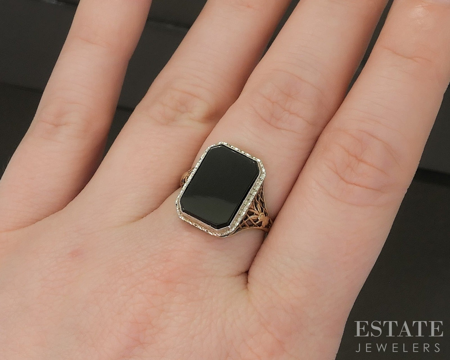 Antique 14k Yellow & White Gold Natural Black Onyx Filigree Ring 2.7g p21647b